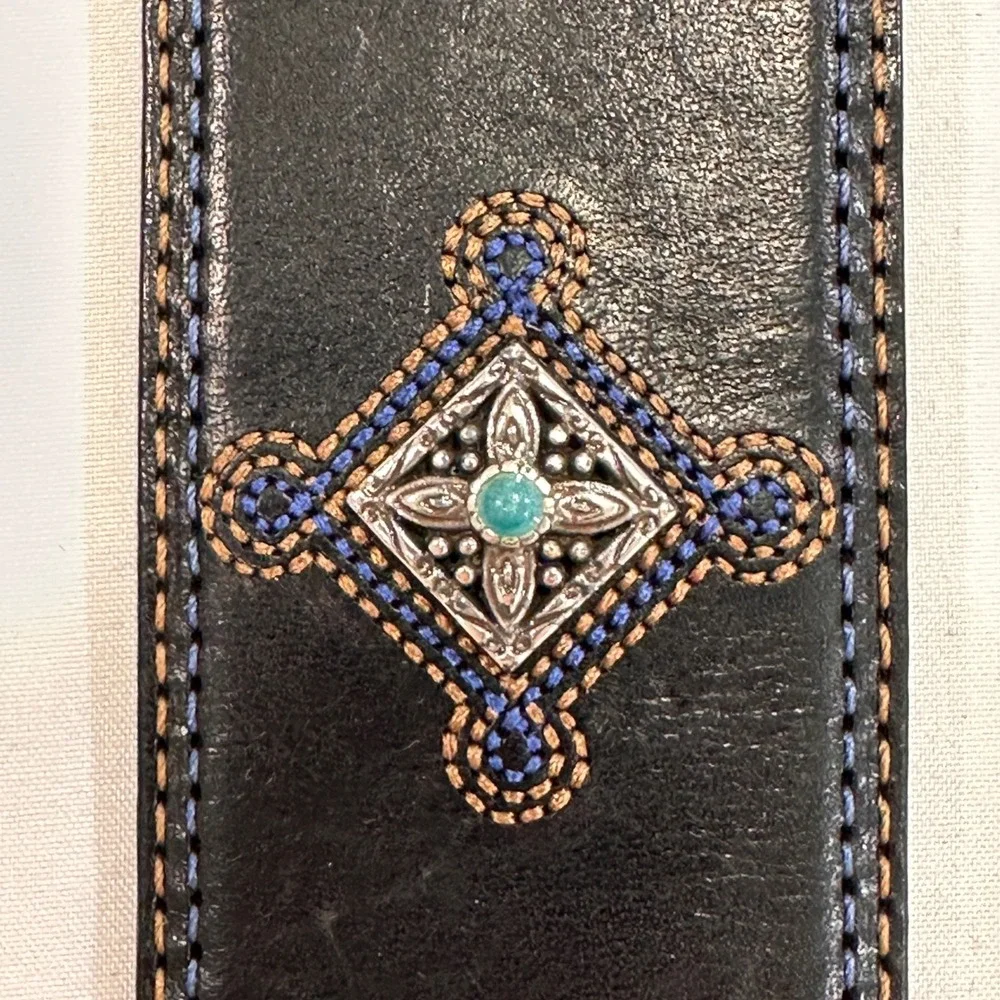 Brighton Embroidered Leather Western Belt‎ Womens 34 Black Silver Buckle | Boho